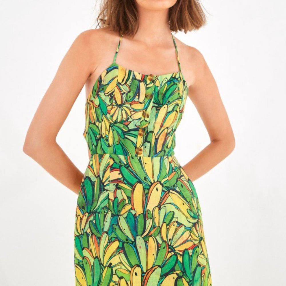 FARM Rio Green Banana Linen Midi Dress